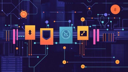 Abstract digital background featuring vibrant geometric shapes and circuits, symbolizing technology and innovation.
