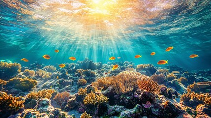 Underwater coral reef landscape with colorful fishes