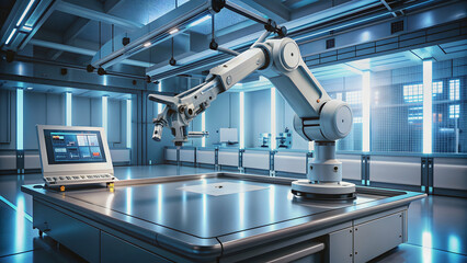 Advanced robotic arm with sensors and touch screen interface in a futuristic lab , automation