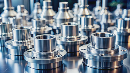 Close-up of shiny metal CNC aerospace parts production with selective focus for industrial background , Aerospace, CNC