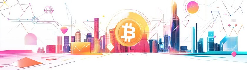 Colorful digital artwork of a city skyline with a prominent Bitcoin symbol, representing modern finance and technology.