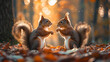 © annebel146 - Two adorable squirrels in colorful orange autumn forest. Two Squirrels are in the forest and one of them is eating nuts. Fall season cute wildlife