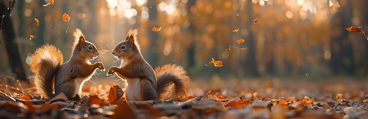 two adorable squirrels in colorful orange autumn forest. two squirrels are in the forest and one of 