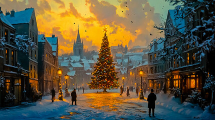 A painting of a Christmas tree in the middle of a snowy town.