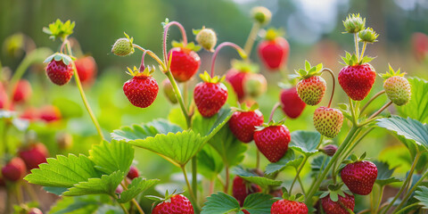 Wall Mural - Ripe wild strawberries on bushes in the garden, wild strawberries, ripe, fresh, organic, red, juicy, delicious, fruit, summer