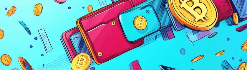 Colorful digital wallet with cryptocurrency coins, representing modern finance and blockchain technology.