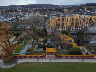 Drone view at chinese garden park at Zurich on Switzerland