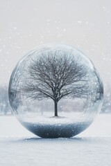 Wall Mural - A single tree in a large, pristine snow globe, with tiny snowflakes gently falling, creating a peaceful winter scene within a minimalist environment. 