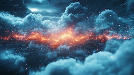Wall Mural - digital data stream through cloudscape