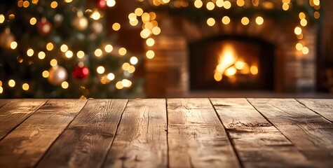 Wall Mural - Empty wooden table top with a blurred Christmas tree and fireplace in the background