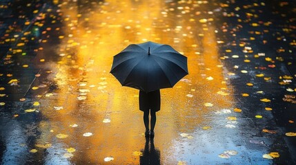 Wall Mural - A person with an umbrella stands on a rainy street with autumn leaves.