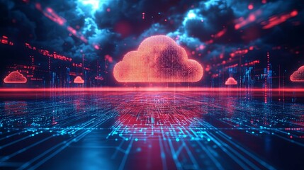 Wall Mural - digital cloud network with red and blue lights