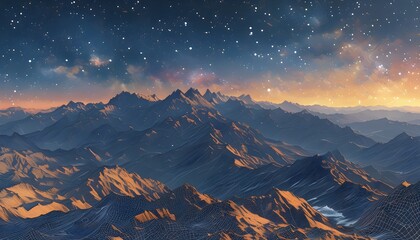 Wall Mural - Stunning panoramic view of wireframe mountains illuminated by a mesmerizing starry sky