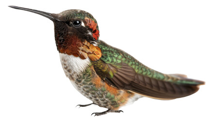 Colorful hummingbird perched on isolated png background.