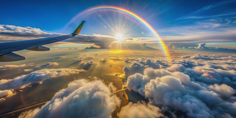 Aerial view from airplane window with sun ray and rainbow in the sky, airplane, window, view, aerial, sun ray, rainbow