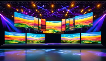 Dynamic modern stage design featuring vibrant landscapes on large screens and captivating lighting effects