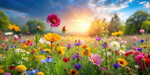 Wall Mural - Colorful summer meadow with vibrant flowers, summer, meadow, flowers, colorful, vibrant, nature, outdoors, sunny, bright