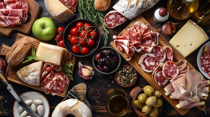 A large spread of various foods including bread, cheese, vegetables, and meats