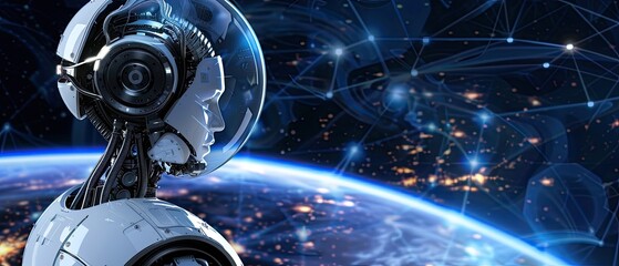 A robot is standing on a planet with a blue sky