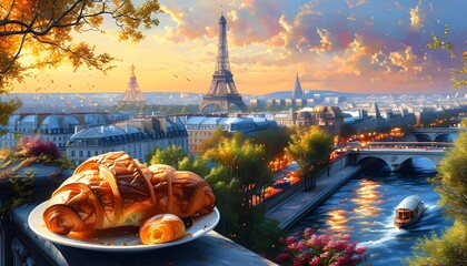 Wall Mural - Savoring French Croissants Against the Romantic Backdrop of the Eiffel Tower in Paris