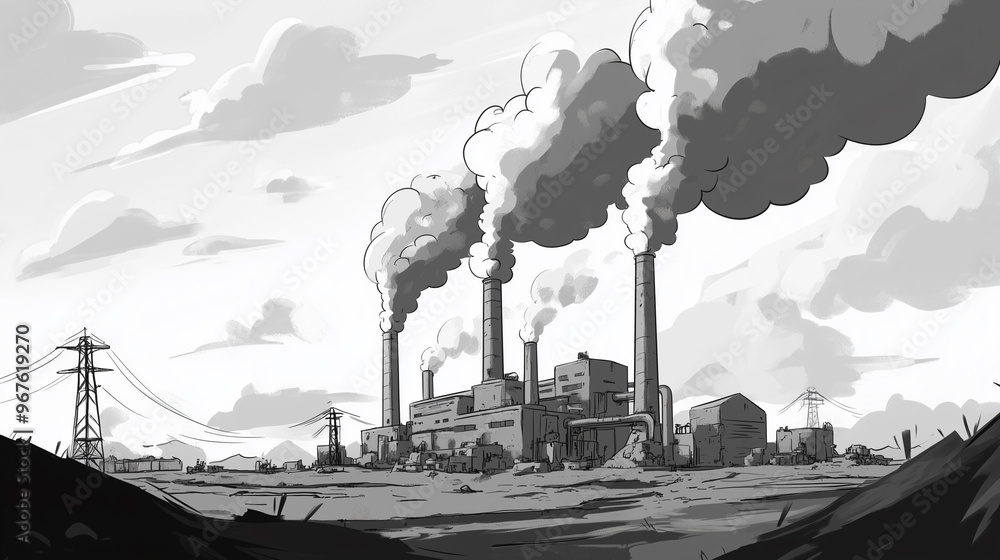 Cartoon-Style Factory in Black and White: Industrial Landscape Stock ...