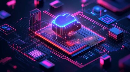 Wall Mural - abstract cloud computing illustration with neon lights