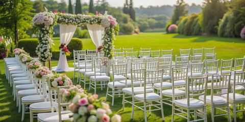 A beautiful outdoor wedding ceremony with white chairs and floral decorations, wedding, marriage, celebration, bride, groom