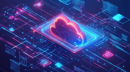 Wall Mural - neon cloud icon on a digital network of lines