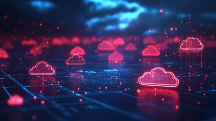 Wall Mural - abstract digital representation of cloud computing with glowing red cloud icons over a blue and red 