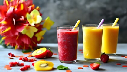 Vibrant summer smoothies in red and yellow with fresh fruit garnishes and colorful straws, ideal for a healthy lifestyle refreshment