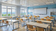 © Selene Studio - Empty classroom interior with desks, chairs, and whiteboard , education, school, learning, academic, teaching, presentation
