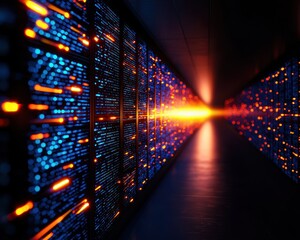 Fototapete - A futuristic data center corridor with bright, colorful LED lights, showcasing advanced technology and high-speed data transfer.