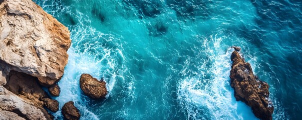 Sticker - Aerial View of Turquoise Ocean Waves Crashing on Rocky Coastline