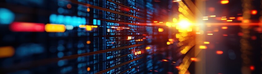 Leinwandbilder - Abstract digital data stream with illuminated dots and lines, representing high-speed technology, data transfer, or futuristic concept.