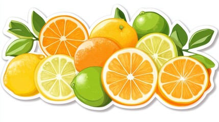 Poster - A luxurious sticker-style arrangement of assorted citrus fruits like oranges, tangerines, lemons, and limes, each with a glossy peel and juicy segments, isolated on a white background