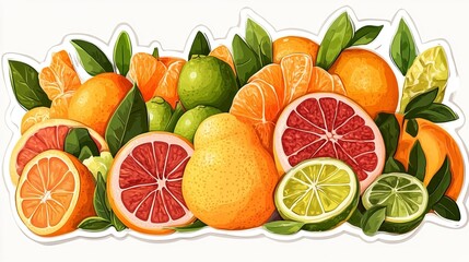 Poster - A luxurious sticker-style arrangement of assorted citrus fruits like oranges, tangerines, lemons, and limes, each with a glossy peel and juicy segments, isolated on a white background