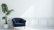 © Lasvu - Elegant navy blue chair with golden frame and monstera plant in modern white interior
