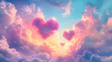 Poster - Pink Heart Shaped Clouds In Sky   Romantic Sunset Background