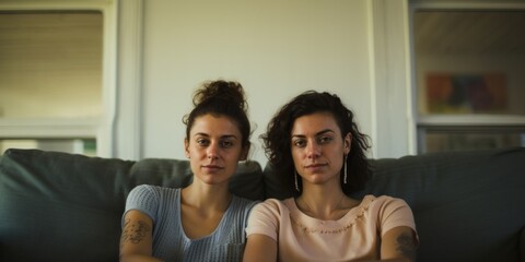 Happy young lesbian couple hugging having fun, Sitting on the sofa. Generative AI.