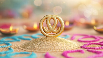 Golden Om Symbol on Glittering Sand with Diya Lights.