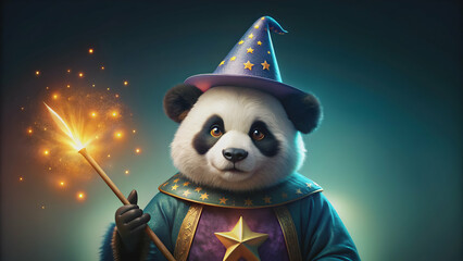 Panda wizard holding a magic wand casting spells , panda, wizard, magic, wand, spells, fantasy, animal, cute, magical