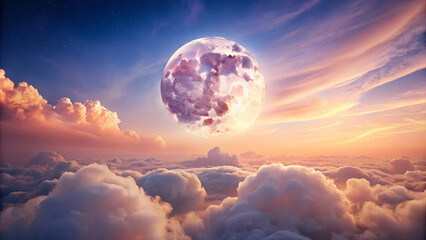 Wall Mural - A glowing moon surrounded by soft clouds under a pastel-colored sky, where the evening light blends beautifully into the horizon