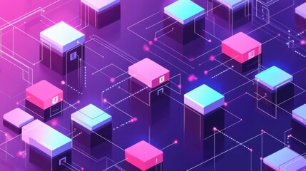 Vibrant abstract digital technology background with colorful blocks and interconnected lines representing data flow and networking.