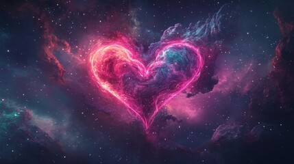 an abstract depiction of love with two intertwined hearts made of neon light trails against a dark, 