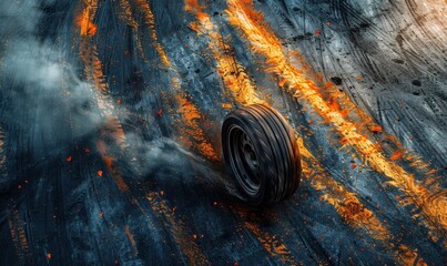 Wall Mural - A picture of a road with tire tracks and fire. Scene is intense and dramatic.