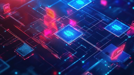 Vibrant digital circuitry with glowing nodes and connections, illustrating advanced technology and network concepts in a modern design.