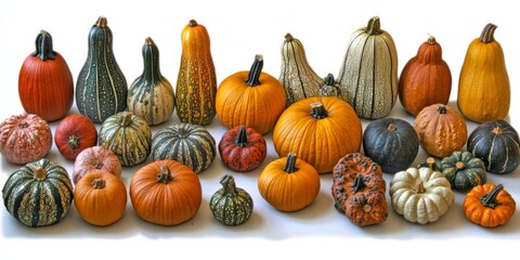 Wall Mural - An elegant set of assorted squashes and gourds, including butternut, acorn, and spaghetti squash, each with a glossy, textured surface and vibrant colors, isolated on a white background