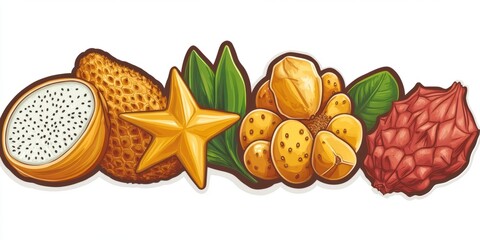 Wall Mural - An elegant set of sticker-style assorted tropical fruits like starfruit, dragonfruit, jackfruit, and lychee, each with a glossy, textured surface, isolated on a white background