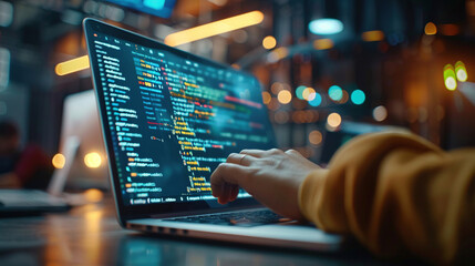 Digital Technology Concept for Mobile App Development and Programming, Coding, Highlighting Binary Code and Data Processing