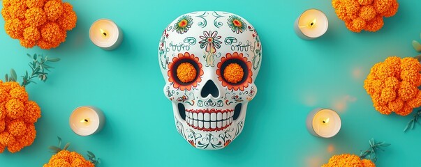 Sugar Skull with Marigolds and Candles on Teal Background.